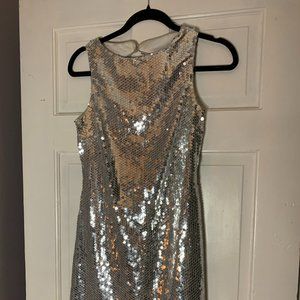 Cache silver sequence cocktail dress, size 4